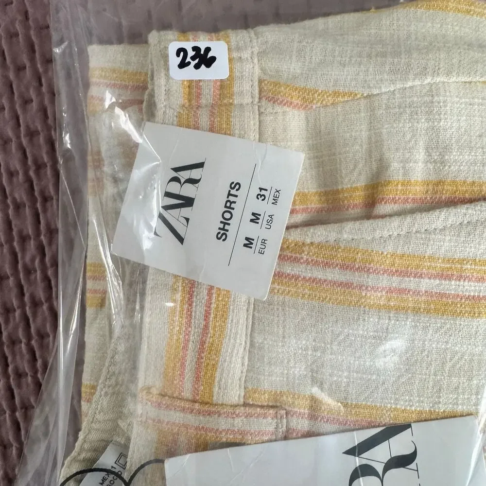 Zara Men Linen Blend Shorts Yellow Pink Old Money Resort Casual Size M NWT - Picture 11 of 11